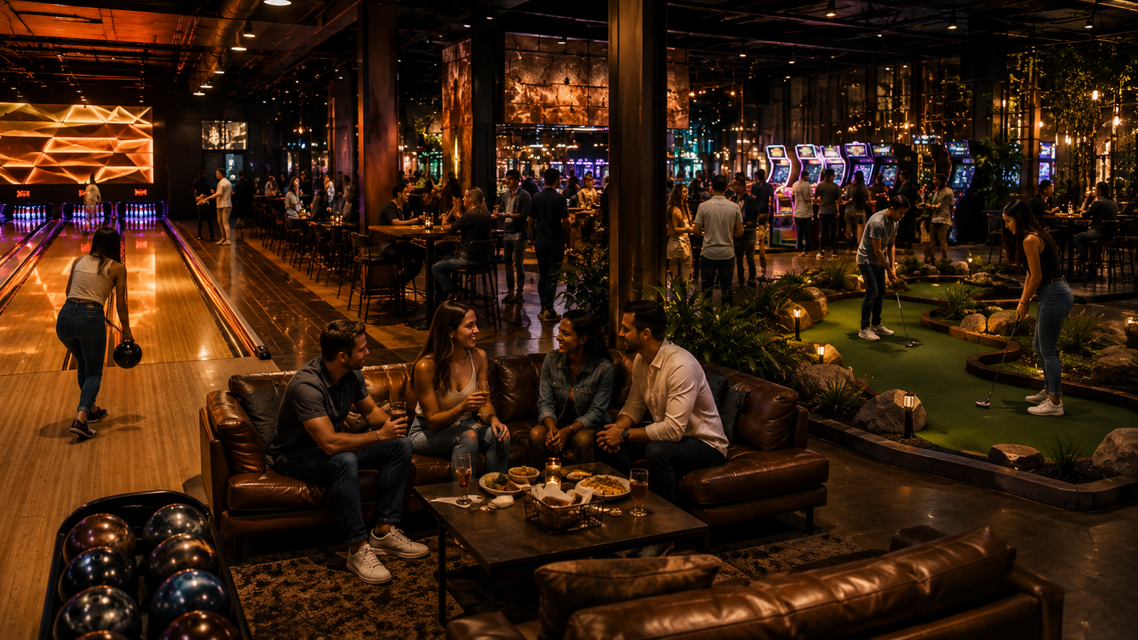 Bowling, arcade games and mini golf lounge in Houston