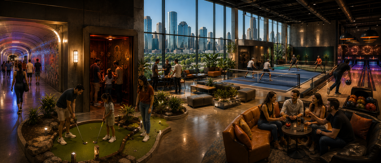 Indoor entertainment lounge with bowling and mini golf