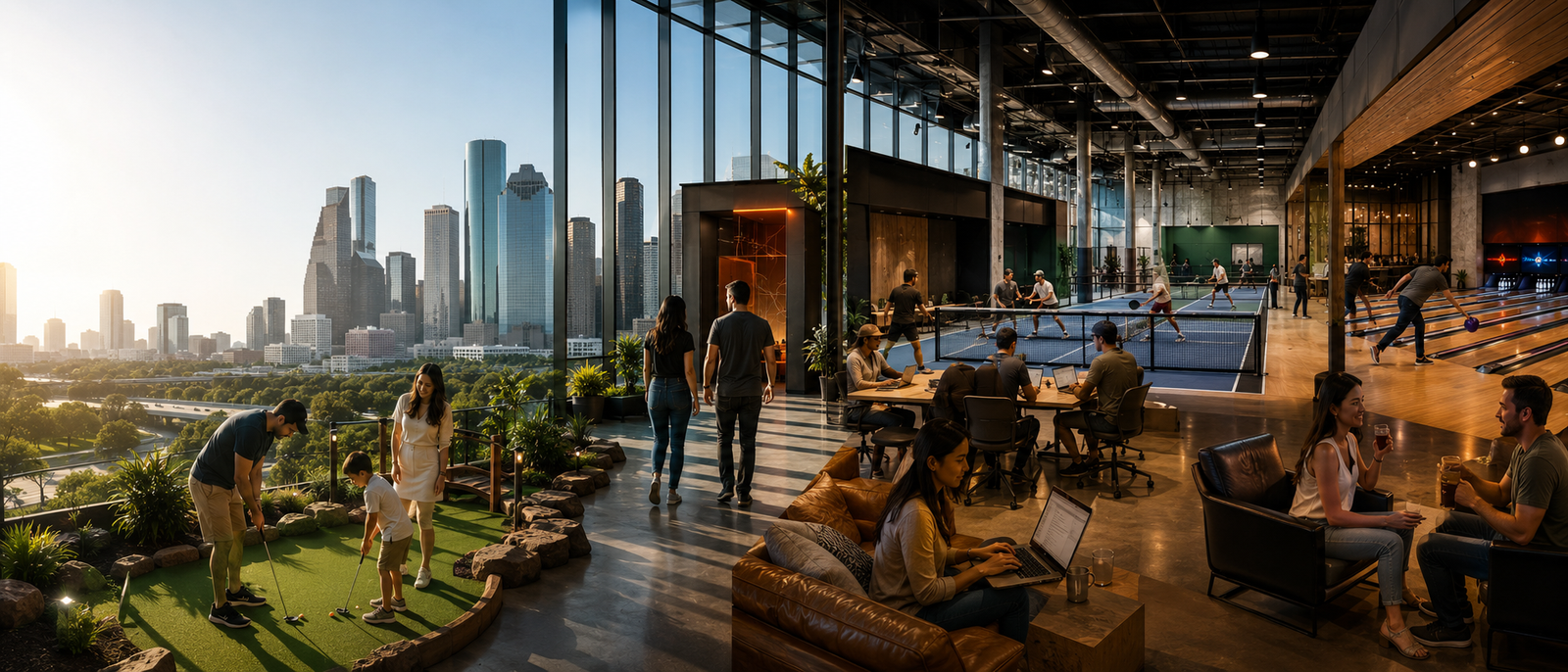 Rooftop indoor activity space overlooking downtown Houston